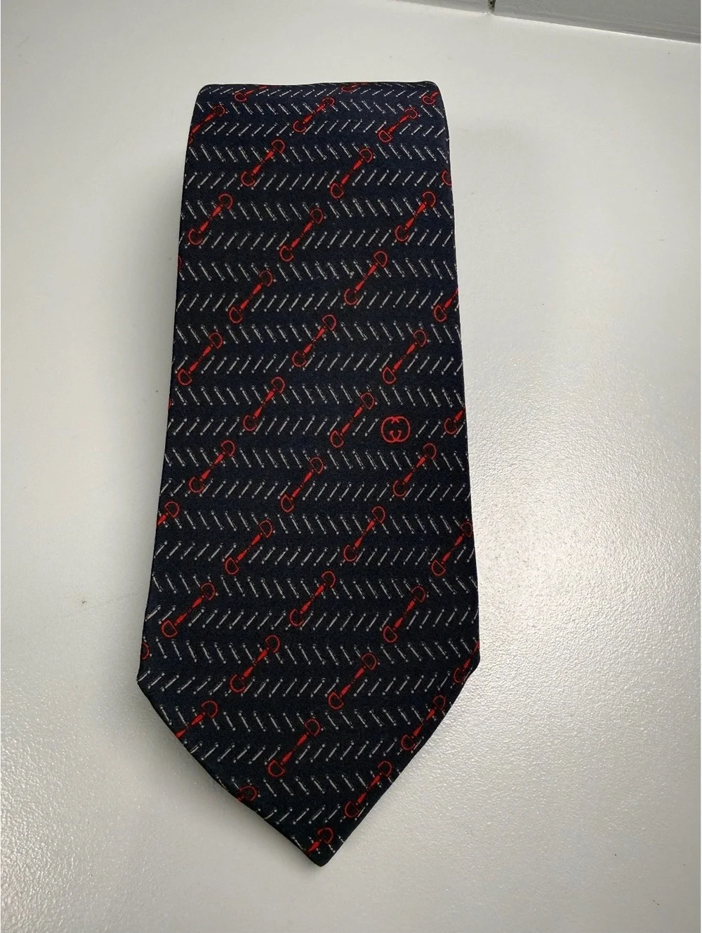 Vintage Gucci Navy and Red Horsebit silk tie for men